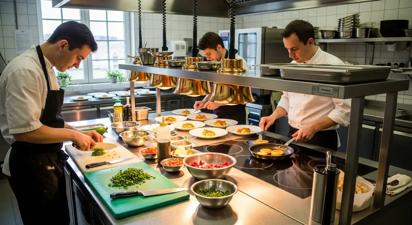 Chefs at stainless steel work tables