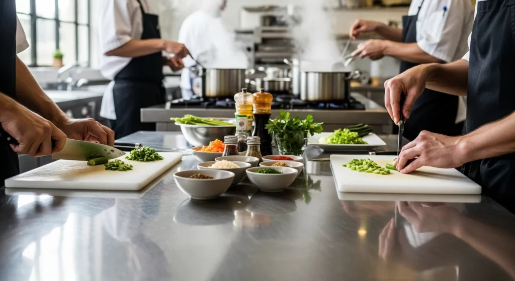 Stainless steel table in kitchen