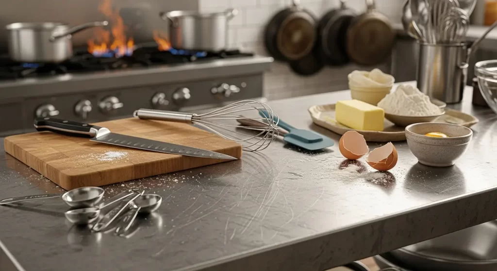 Close-up stainless steel work tables surface