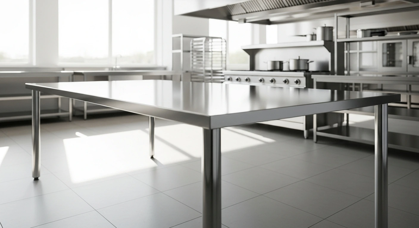 Modern stainless table in kitchen