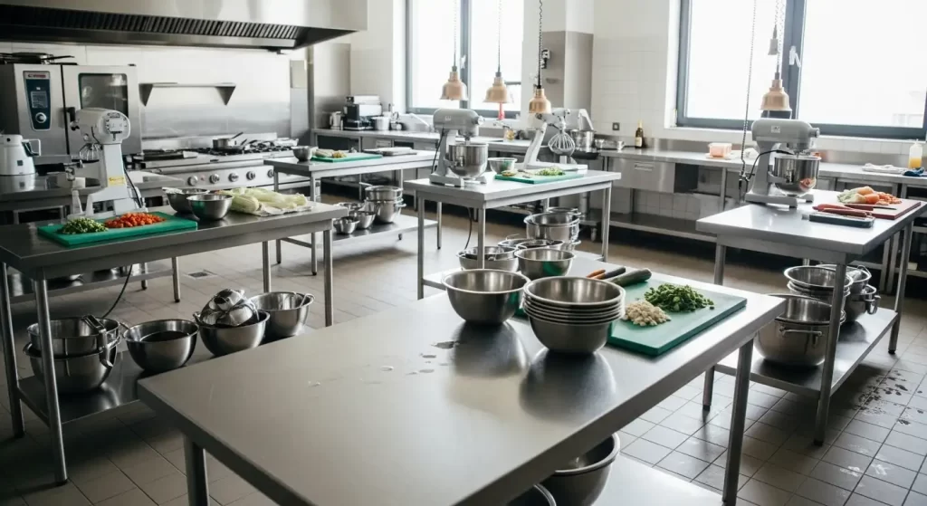 Stainless tables in kitchen setting