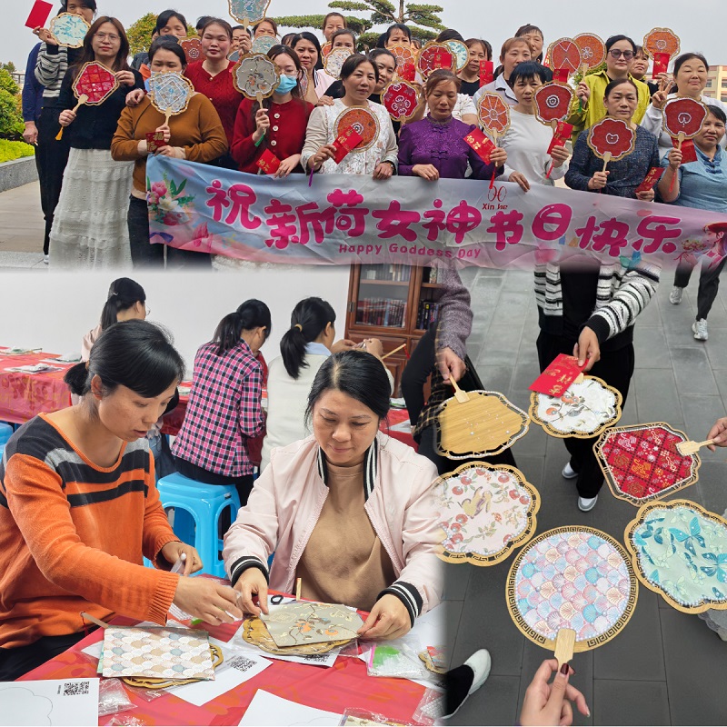 Xinhe staff in traditional Chinese costumes celebrating International Women's Day 2026 with handmade Song Brocade fans