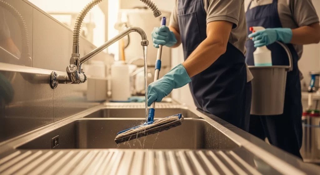 Workers using sitainless steel service sink