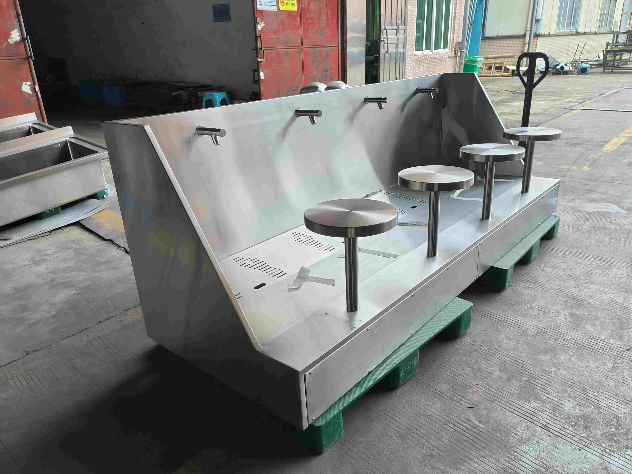 Integrated wudu wash basin and stool set in premium stainless steel for public prayer rooms