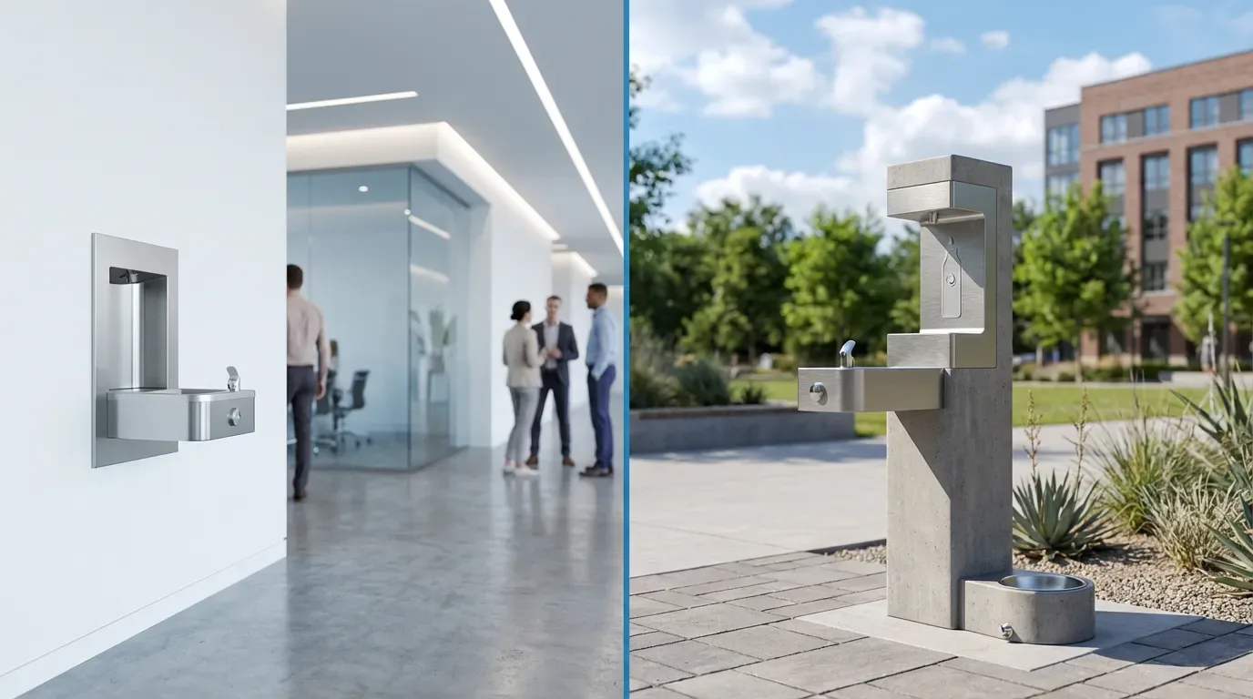 Comparison of indoor wall-mounted and outdoor pedestal drinking fountain with bottle fillers