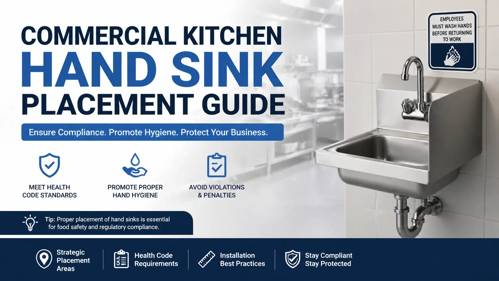Wall-mounted commercial hand sink with splash guards for professional kitchen compliance and handwashing safety