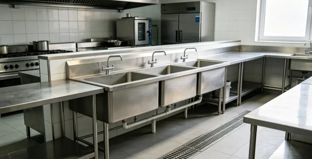 Efficient commercial 3 compartment sink integrated into a complete stainless steel kitchen layout, featuring adjacent worktables and a floor drain for optimized workflow