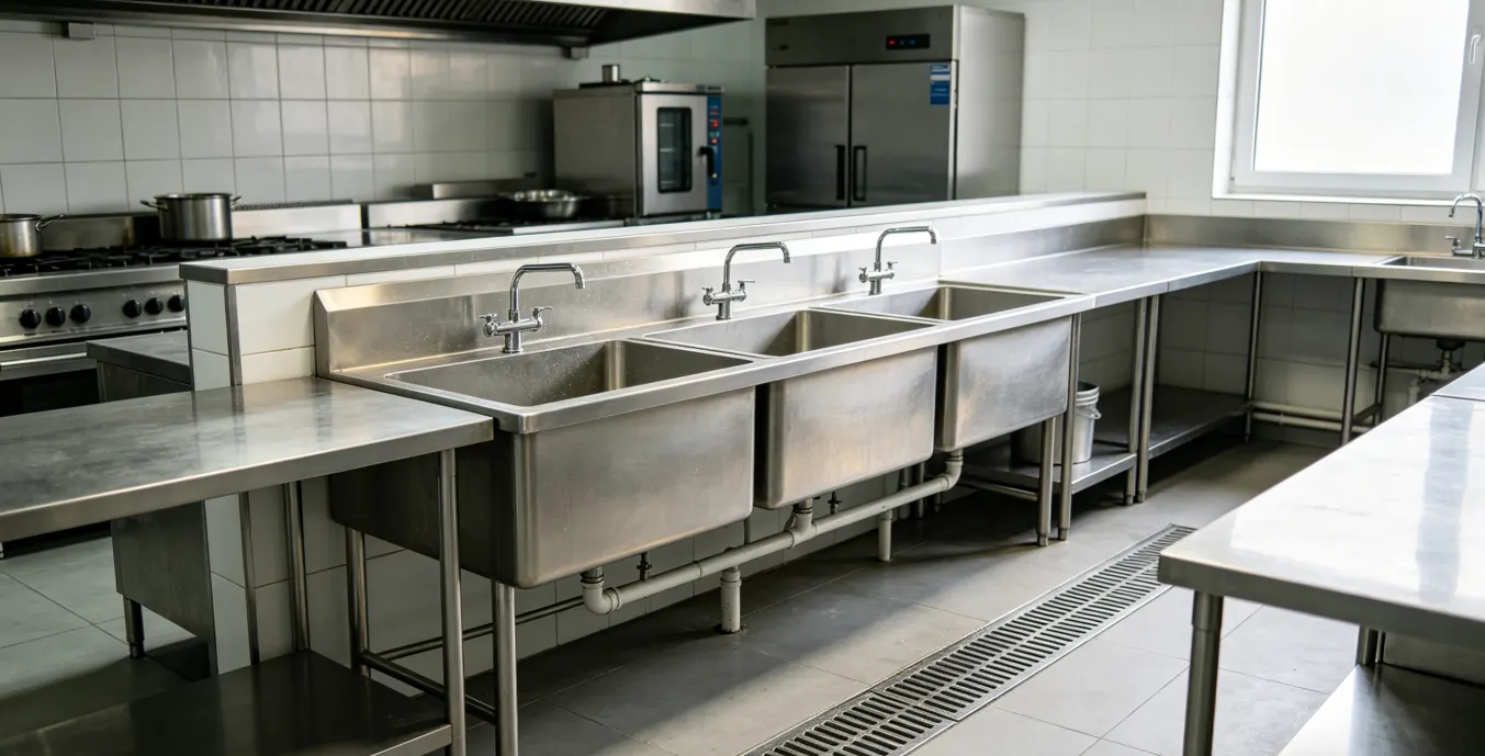 Efficient commercial 3 compartment sink integrated into a complete stainless steel kitchen layout, featuring adjacent worktables and a floor drain for optimized workflow