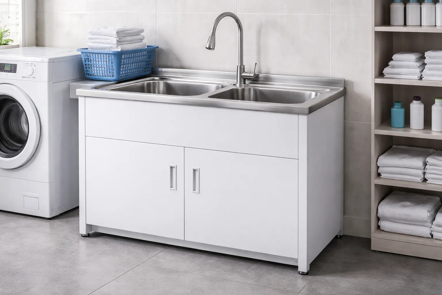 Commercial Laundry Sink with double bowl and cabinet for hotel utility room use