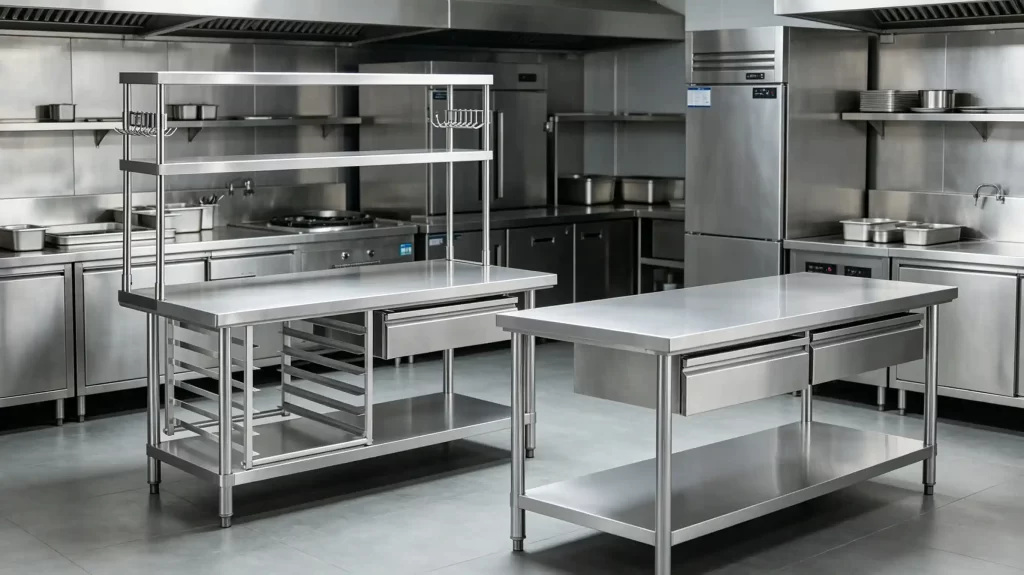 Two commercial stainless steel tables with drawers, undershelves, and an overshelf in a professional kitchen environment
