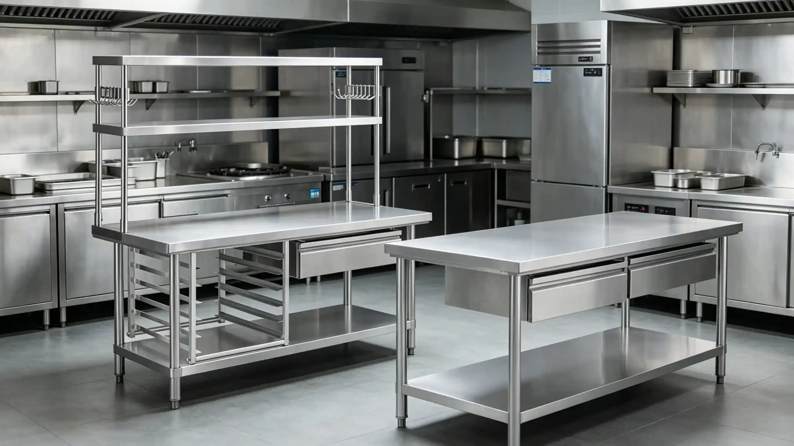 Two commercial stainless steel tables with drawers, undershelves, and an overshelf in a professional kitchen environment