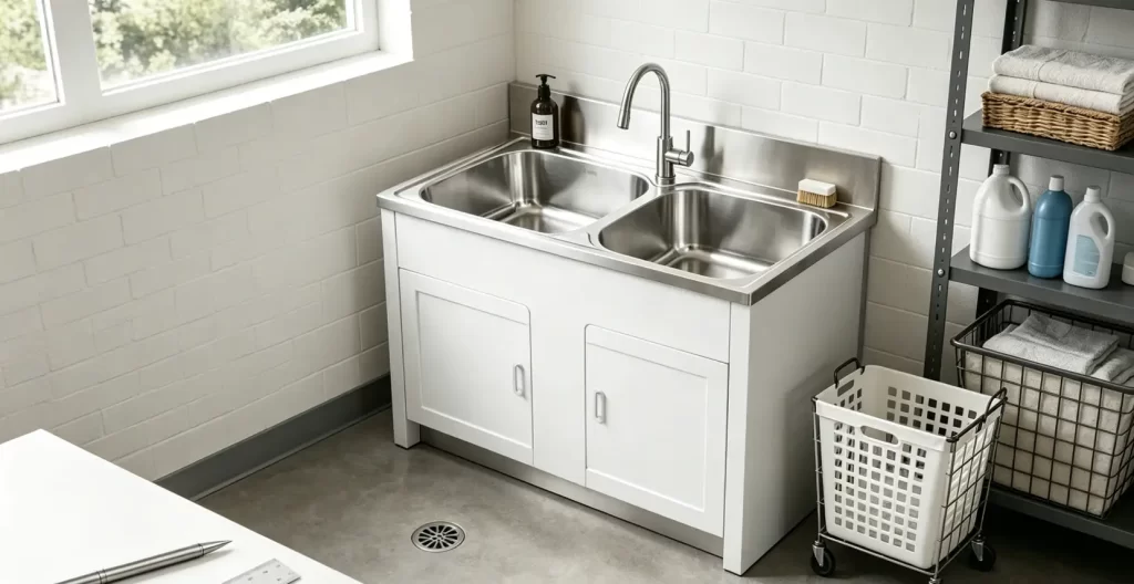 Stainless steel double bowl laundry room sink with cabinet for institutional utility rooms and staff housing