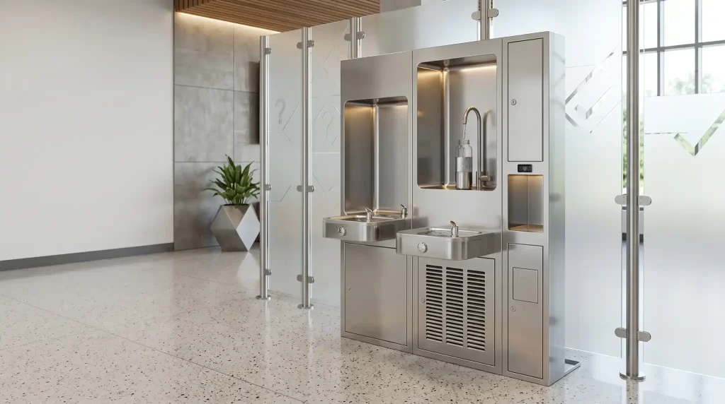 Indoor drinking fountain with bottle filler for offices schools and public buildings