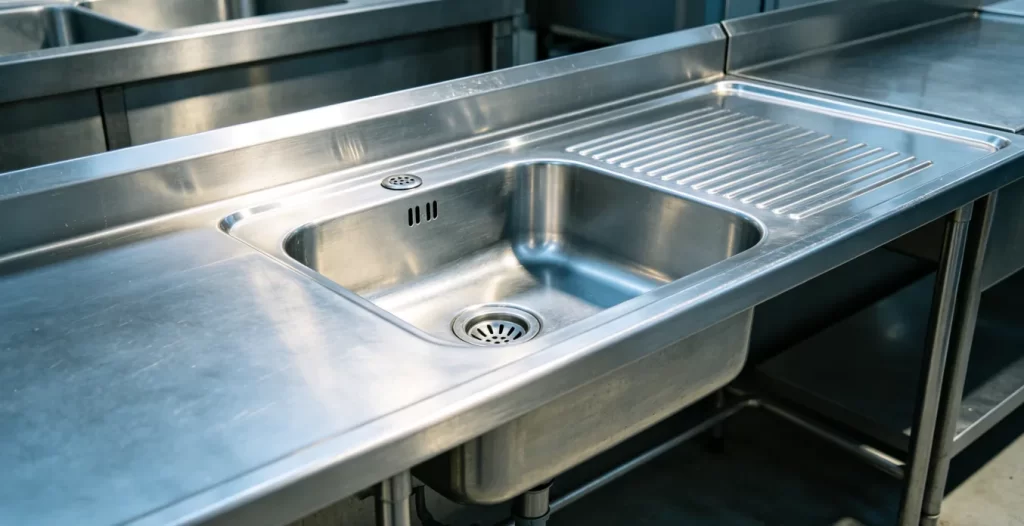 Freestanding stainless steel industrial sink with drainboard for heavy-duty commercial kitchen use