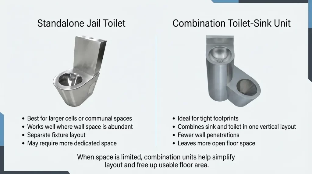 Comparison of standalone and combination jail toilet units for secure facility space planning