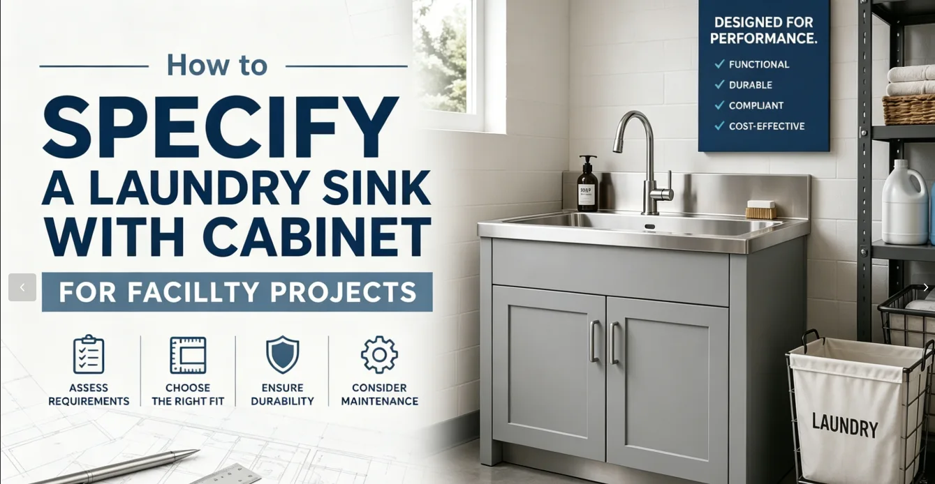 Laundry room sink with cabinet specification for facility projects focusing on plumbing and material durability.
