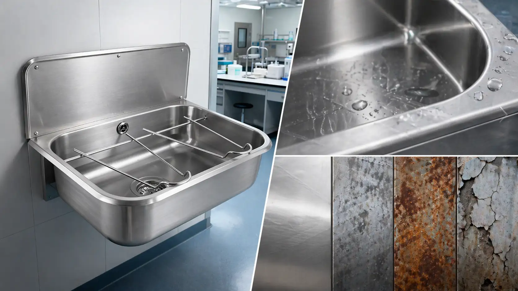 Material comparison for mop sinks commercial use showing stainless steel durability versus corroded alternatives