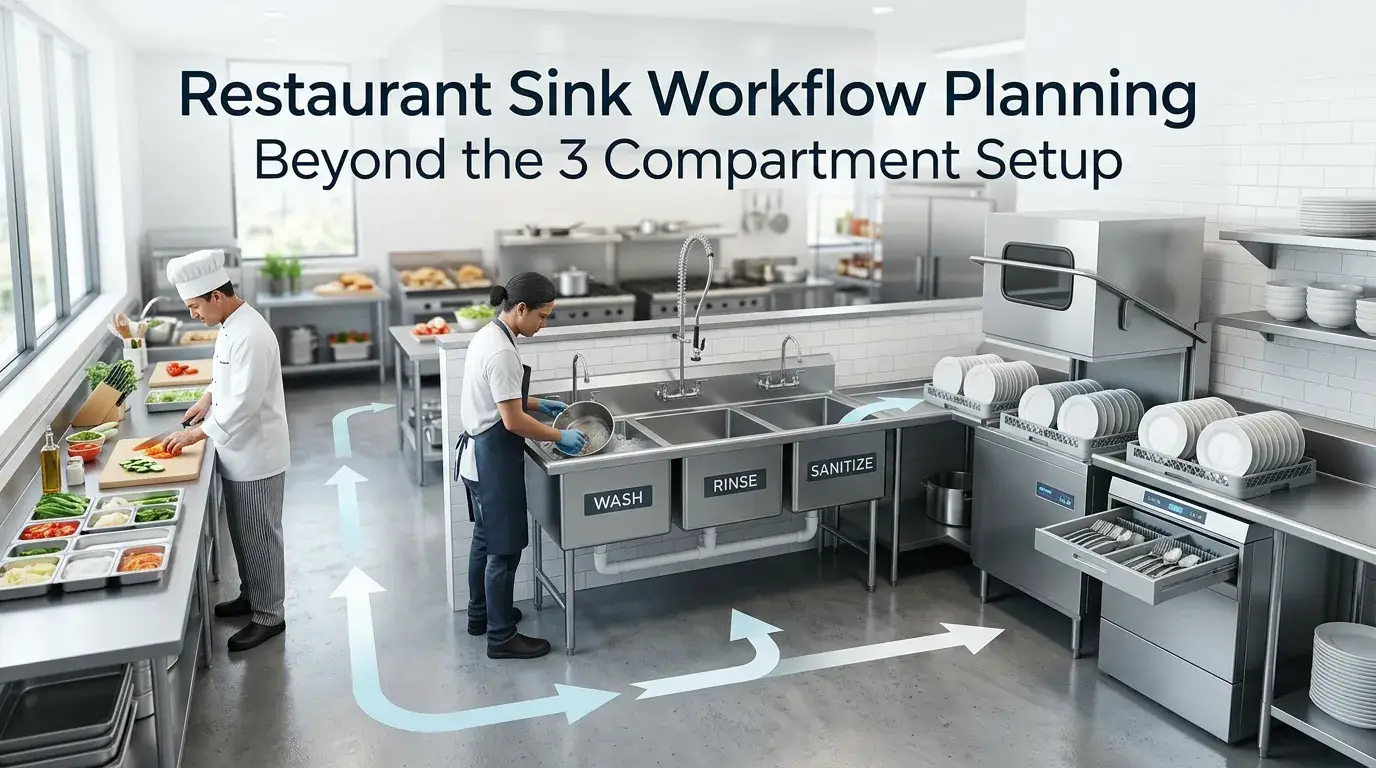 Commercial kitchen workflow path from prep to three-compartment restaurant sink