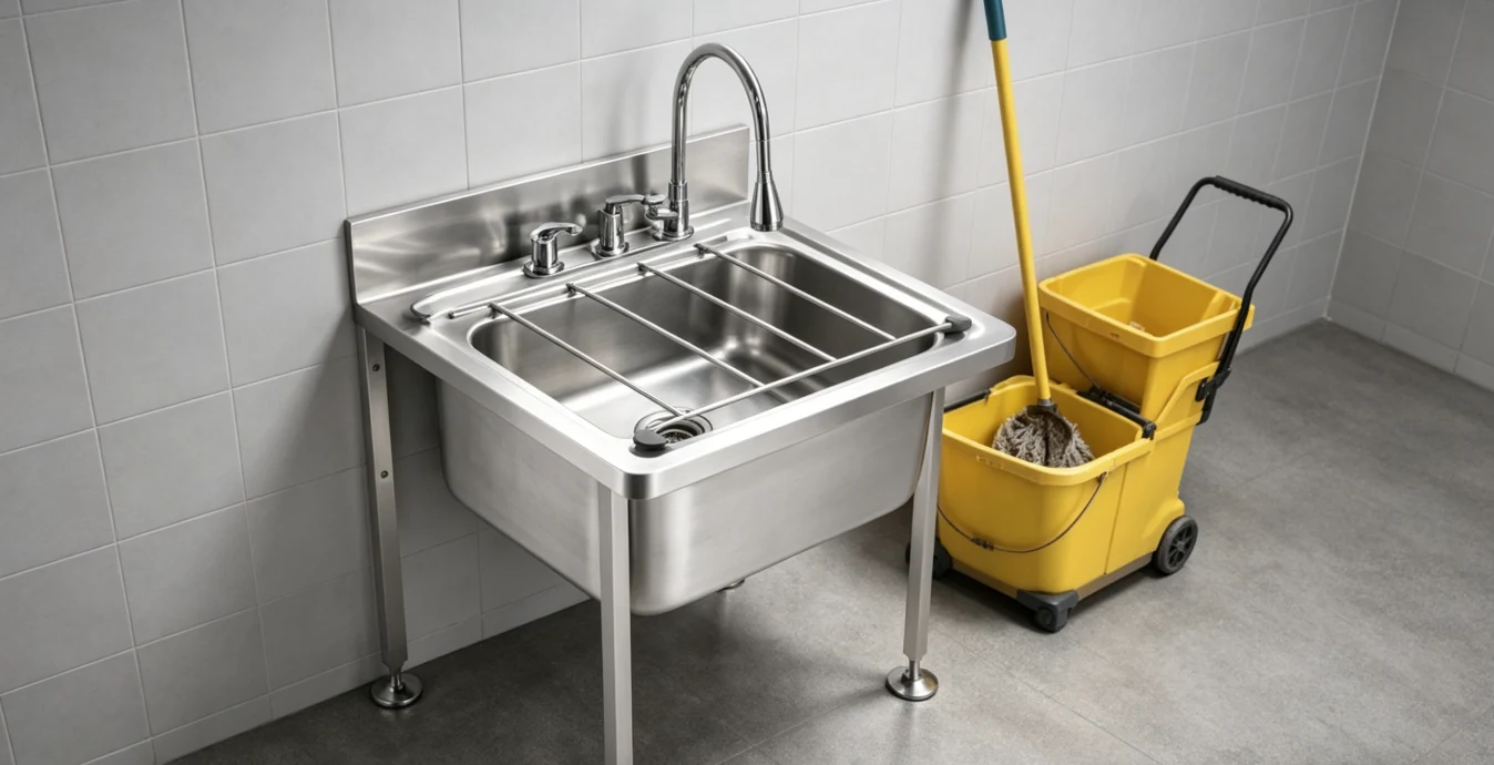 A functional commercial maintenance room featuring a floor-mounted stainless steel service sink with a tall faucet and bucket grate