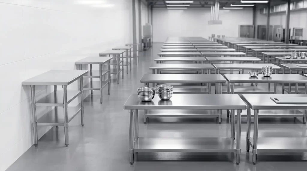 Stainless Steel Kitchen Work Tables arranged in a commercial kitchen for bulk contractor sourcing and installation