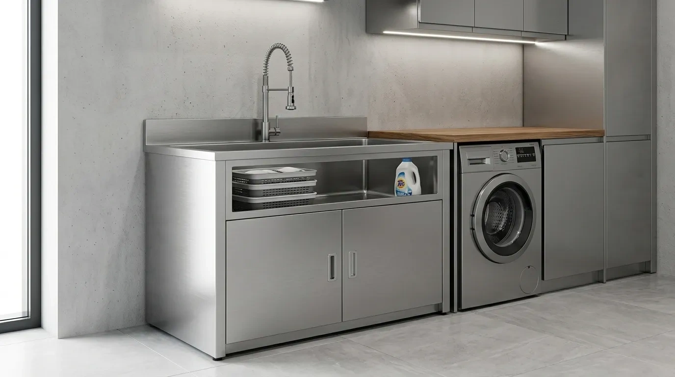 A modern freestanding laundry sink unit made of durable stainless steel, featuring a deep bowl basin, integrated storage cabinet, and high-arc spring faucet in a contemporary utility room layout