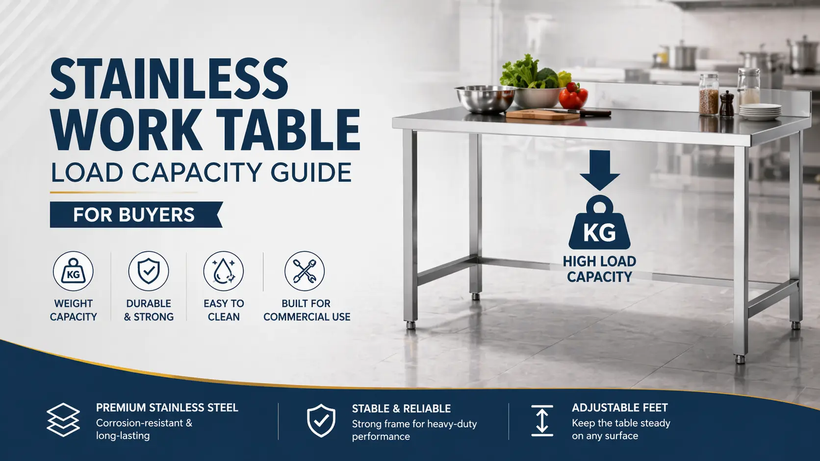 Stainless work table load capacity guide for buyers, showing weight limits and structural durability