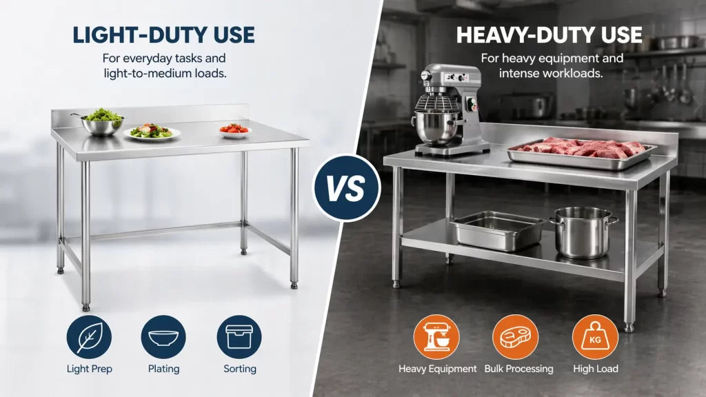 Comparing light-duty vs heavy-duty stainless work table uses, from food plating to heavy equipment support