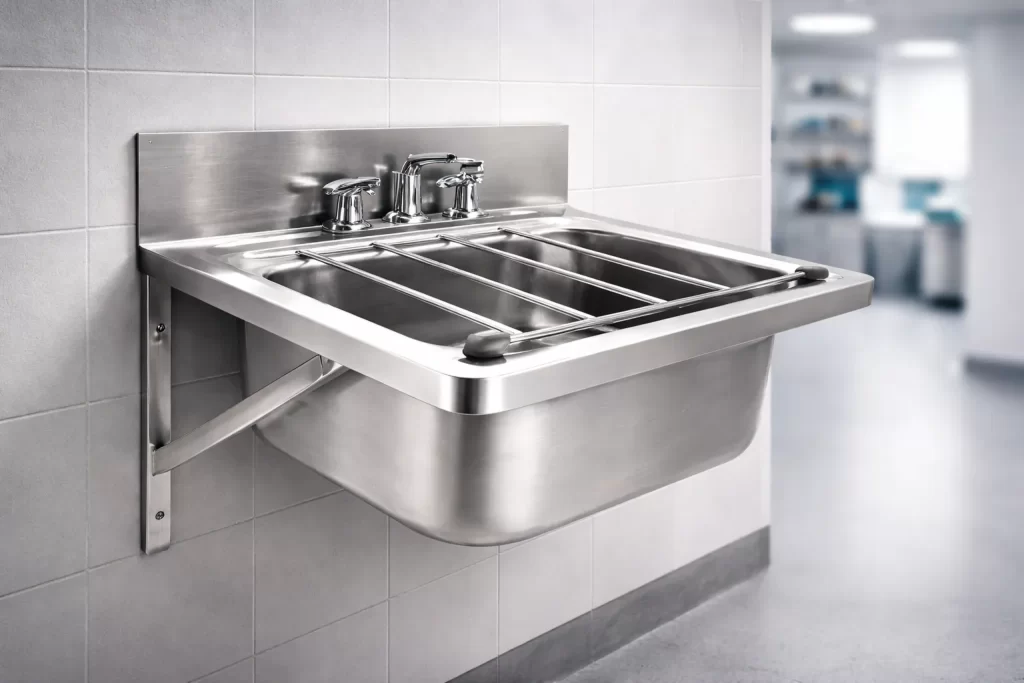 A wall-mounted stainless steel service sink supported by heavy-duty brackets, featuring a faucet and bucket grate