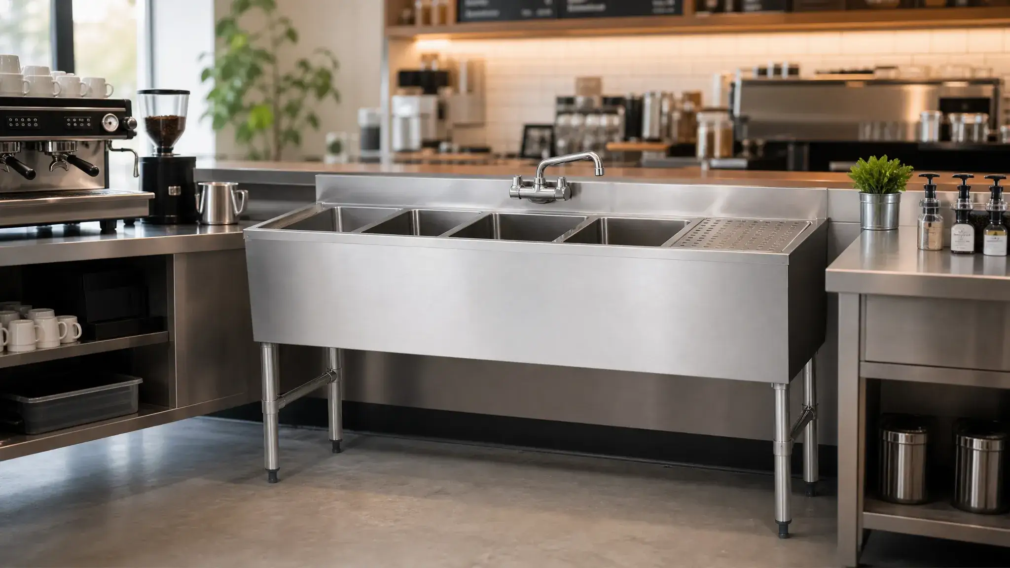 Commercial 3 compartment underbar sink with drainboard installed in a coffee shop beverage station