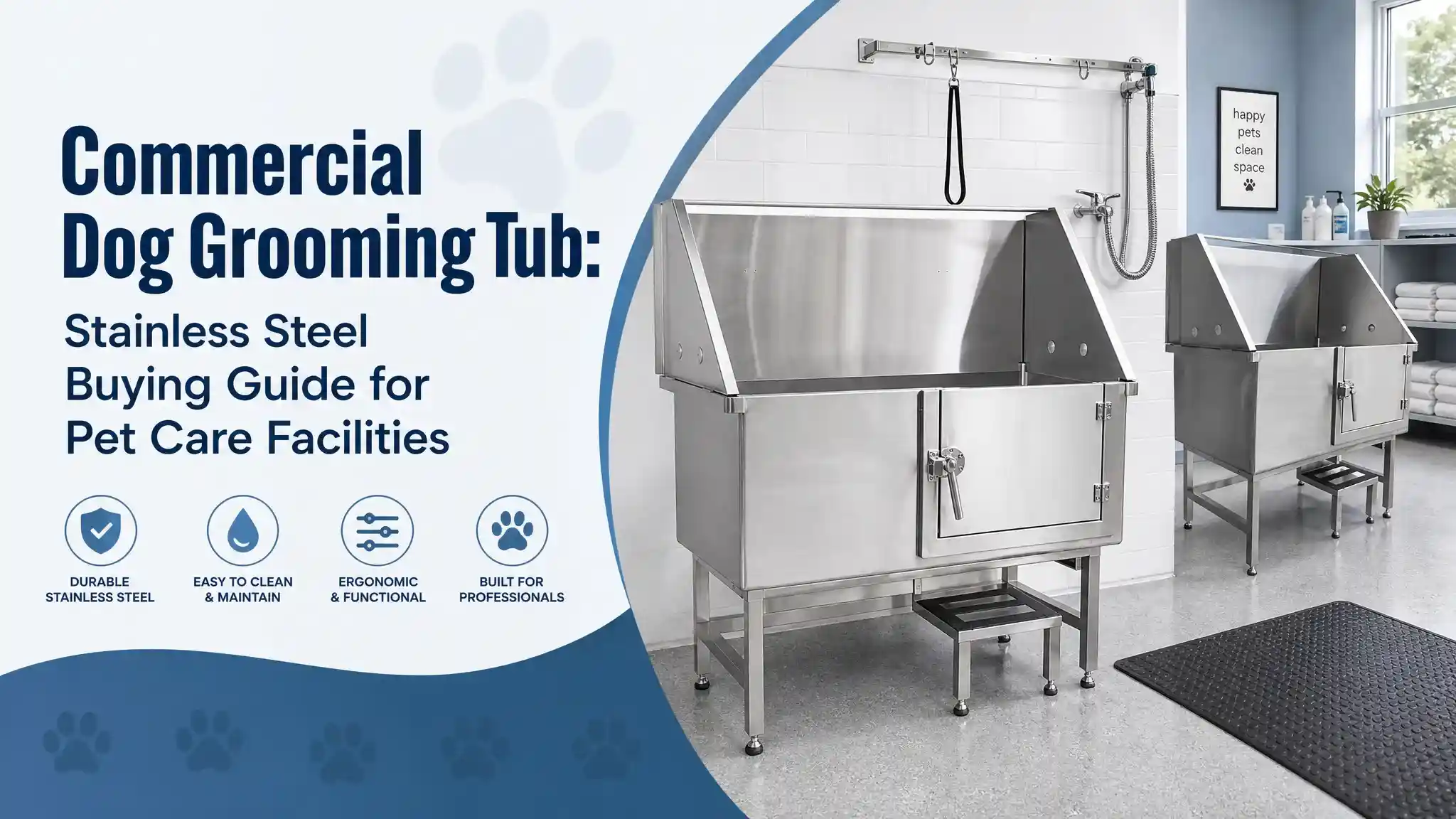 Stainless steel dog grooming tub with high backsplash and non-slip floor grates for pet care facilities.