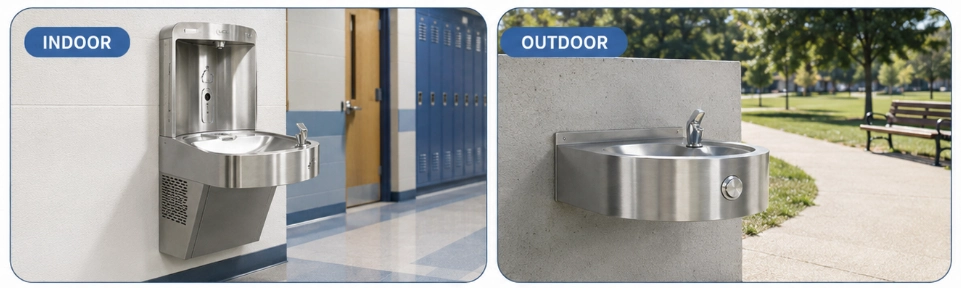 Indoor, outdoor stainless steel drinking fountain for schools configurations