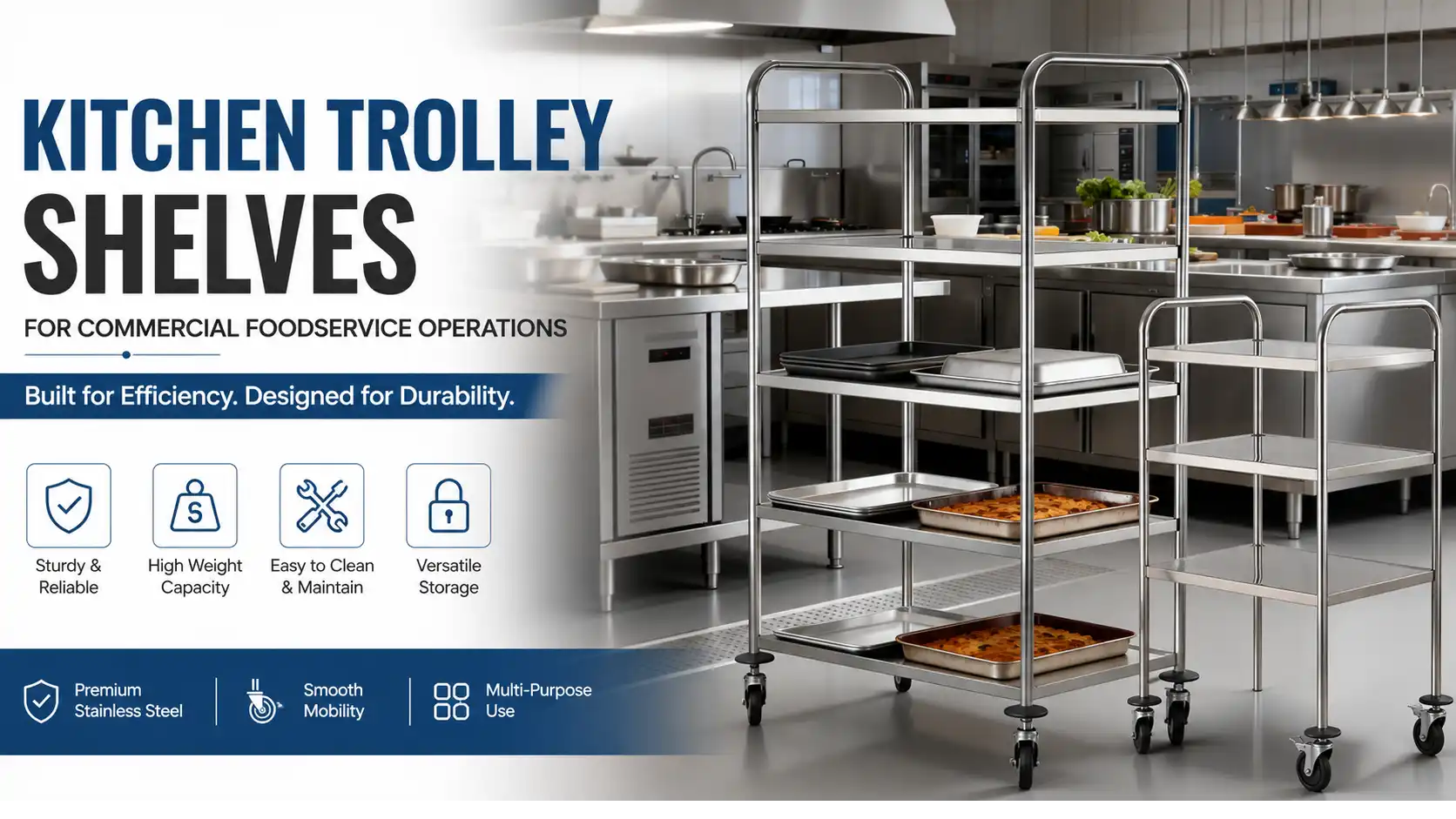 Kitchen trolley shelves for commercial foodservice kitchens, restaurants, hotels, and catering operations