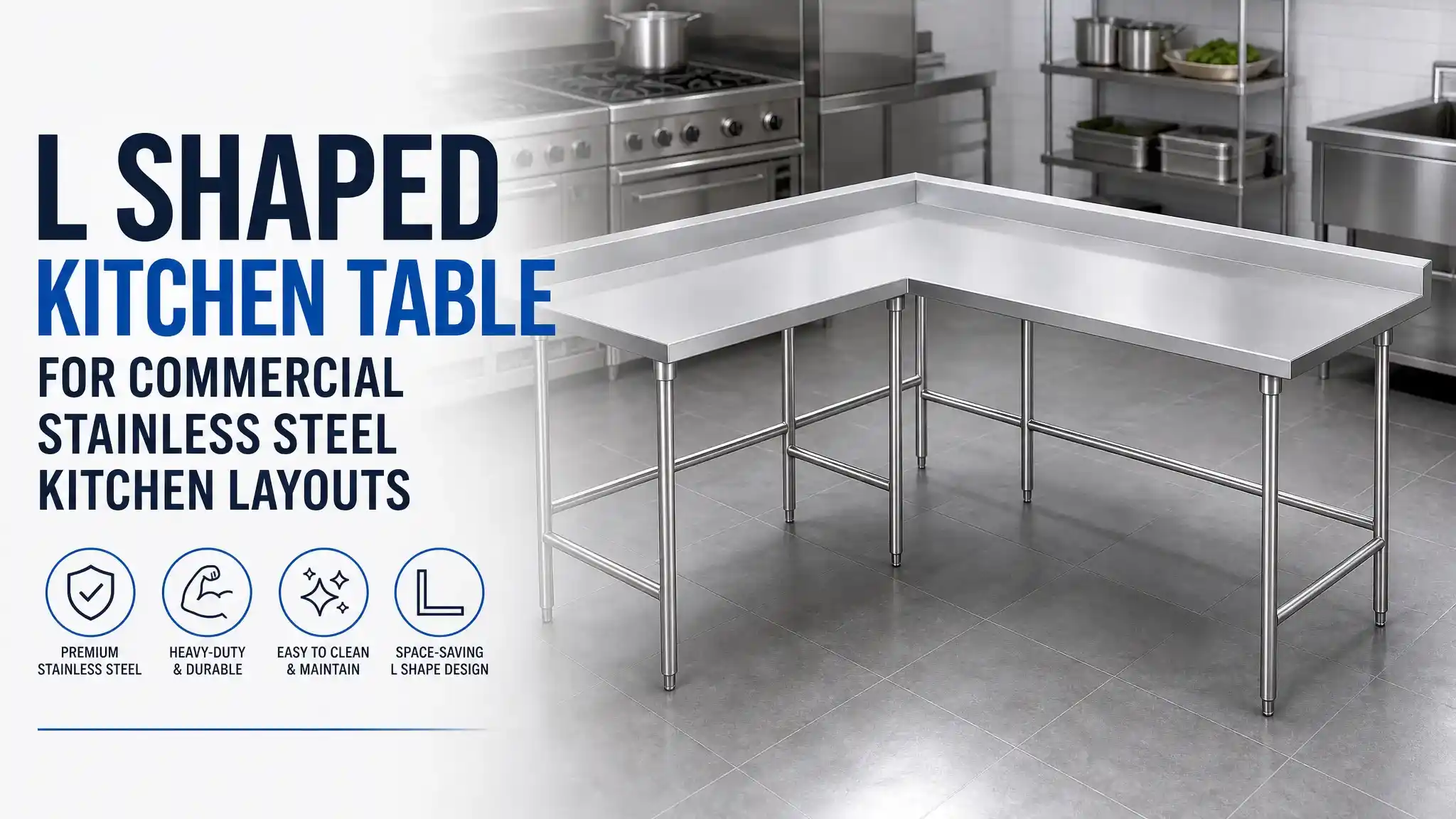 A corner prep area using an L-shaped kitchen table with backsplash, maximizing space efficiency in a commercial kitchen