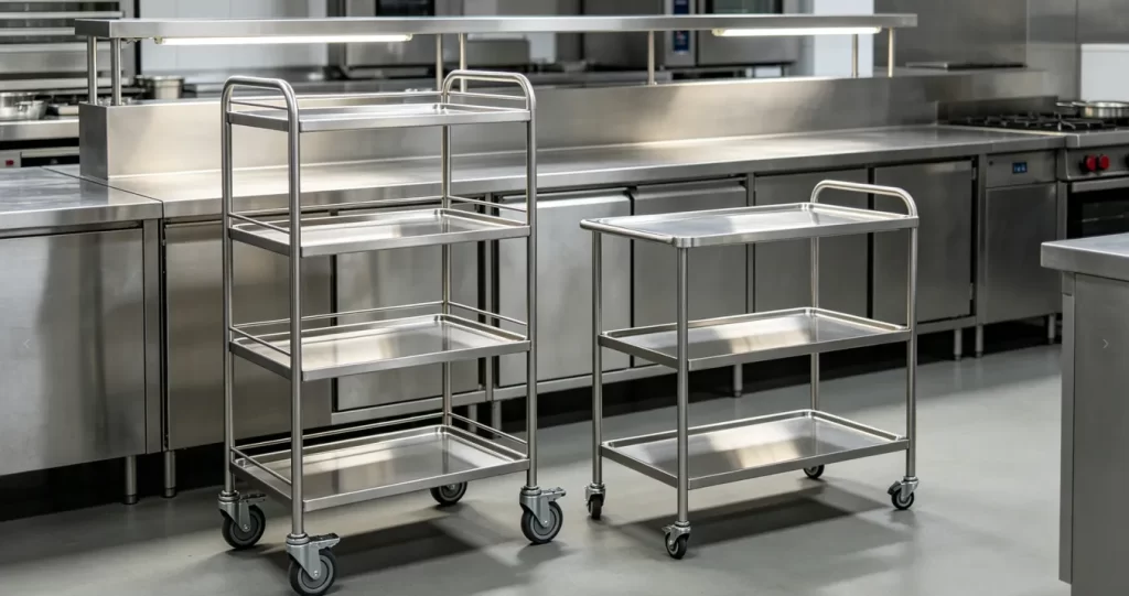 Kitchen trolley shelves with stainless steel shelves and wheels for restaurant kitchen workflow