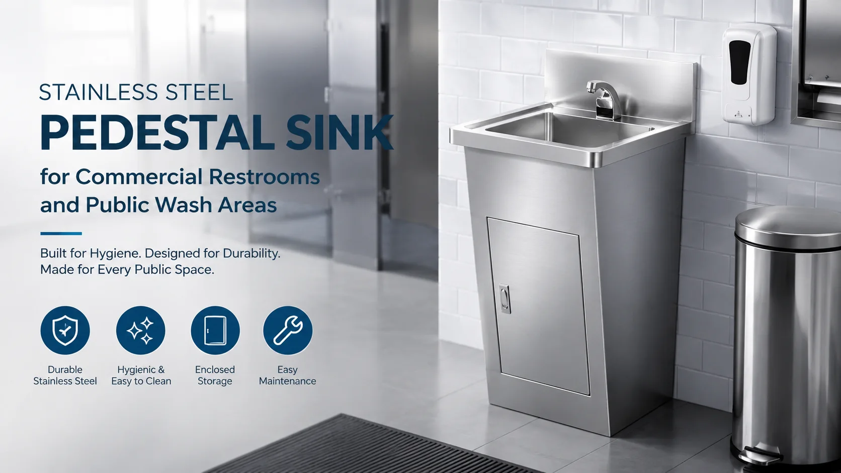 Durable stainless steel pedestal sink with enclosed plumbing and sensor faucet for commercial public washroom hygiene