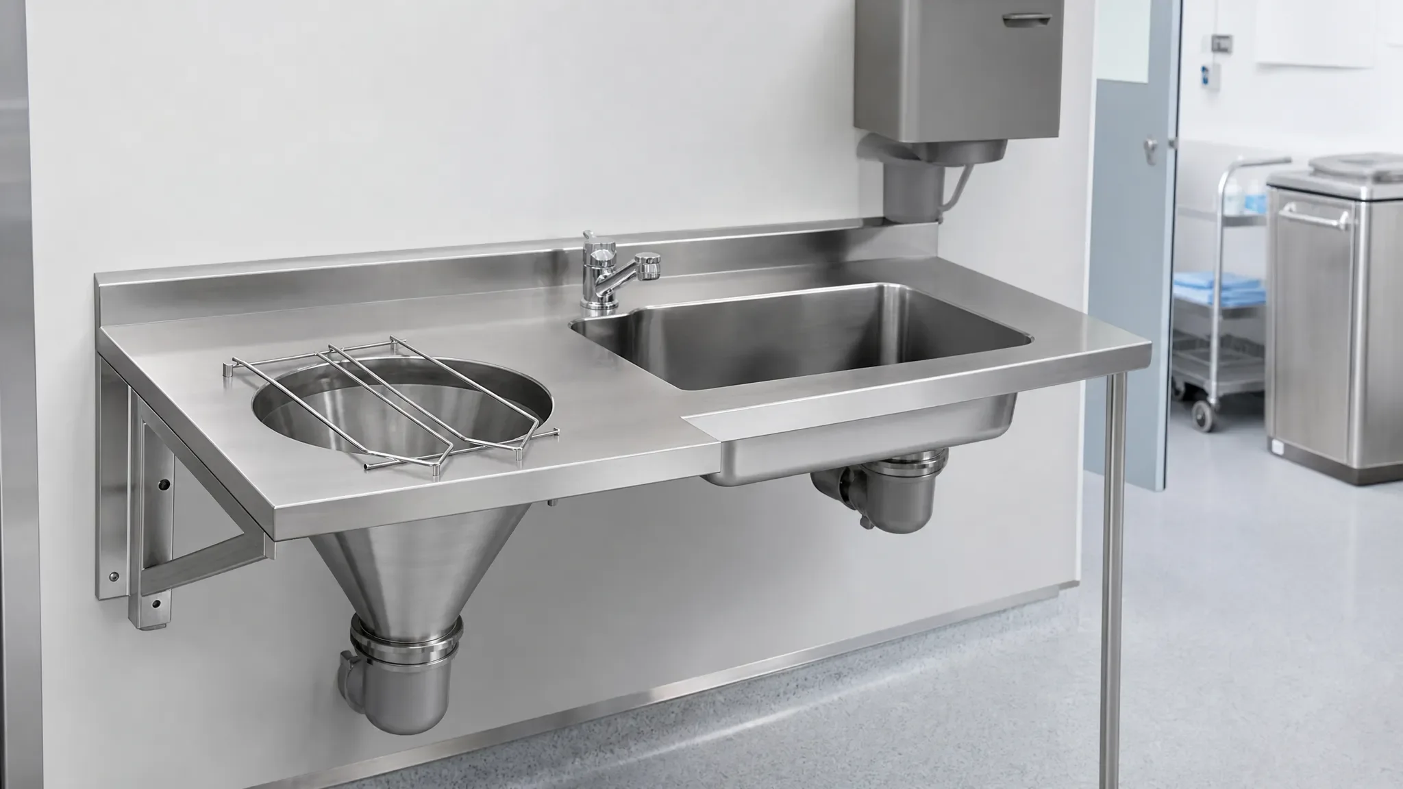Stainless steel sink hopper for healthcare facility waste disposal and dirty utility room use