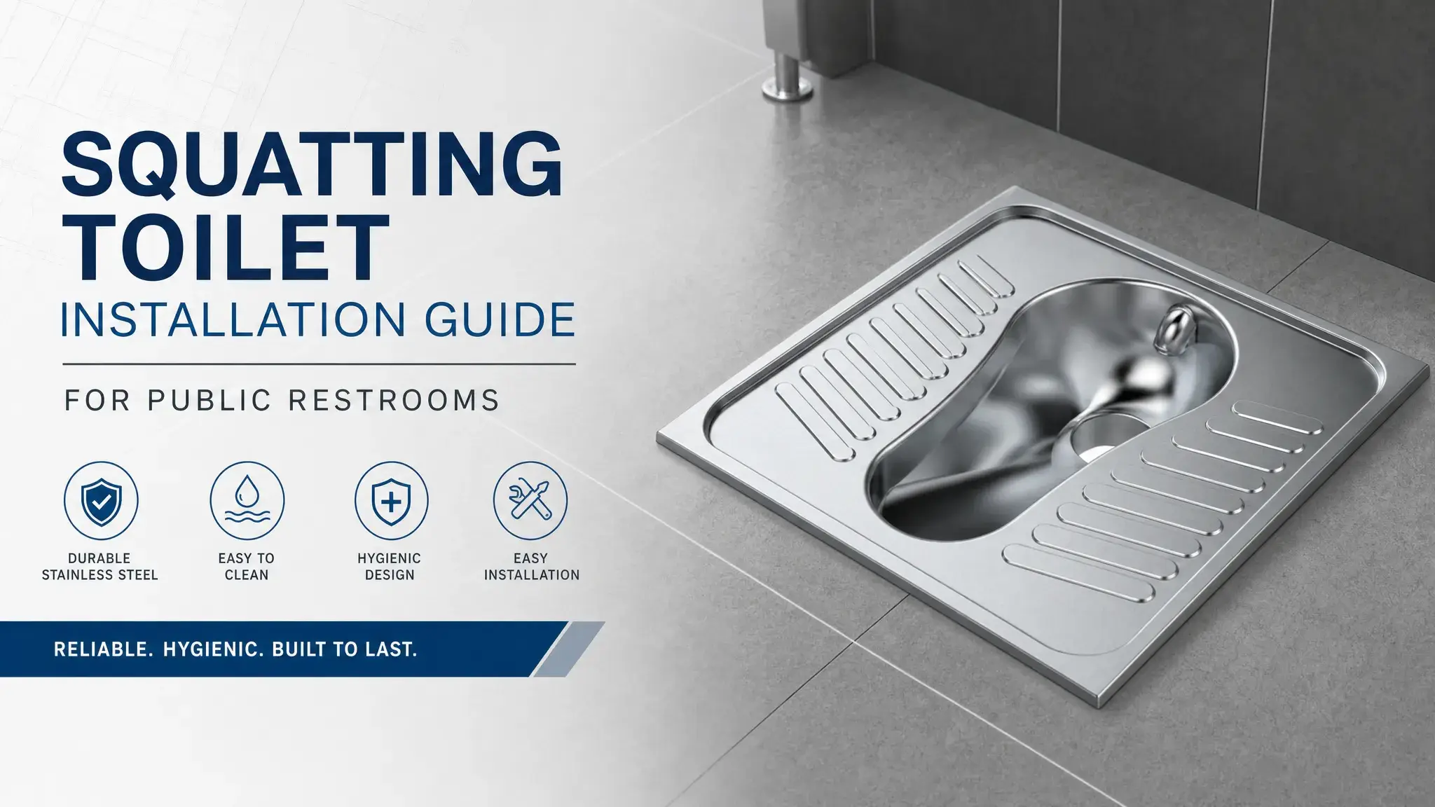 Stainless steel squatting toilet installed in a public restroom floor, highlighting heavy-duty installation features