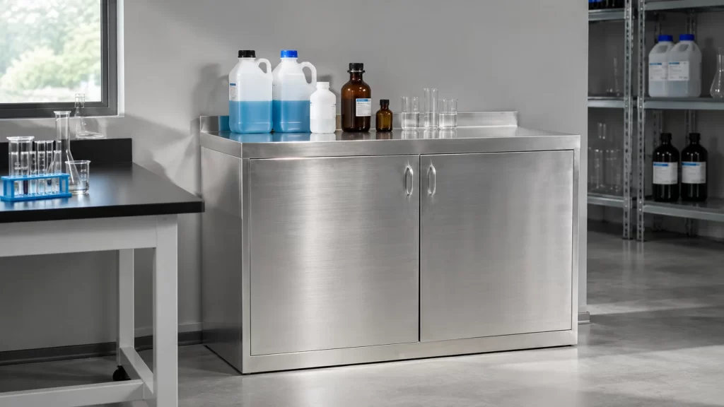 Stainless steel storage cabinets for lab reagent storage. Corrosion resistant chemical base cabinet in a laboratory