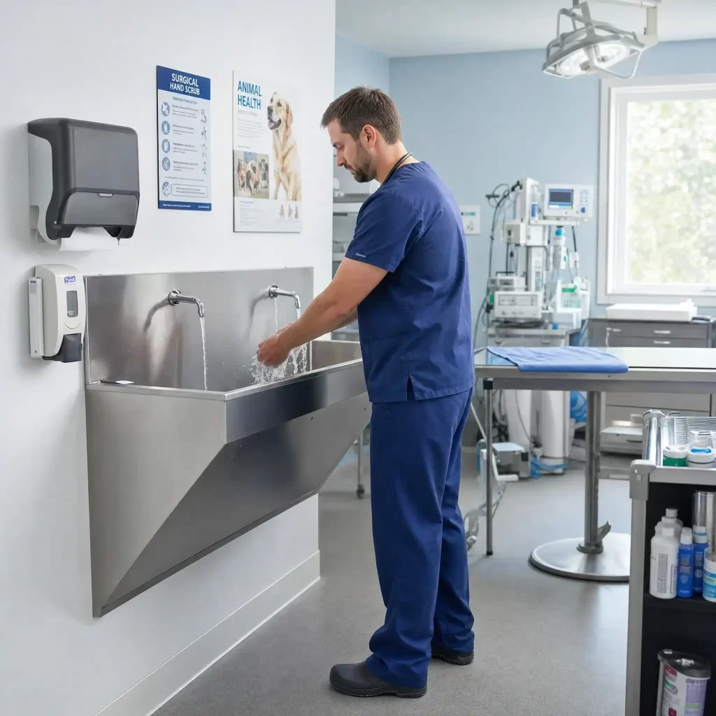 A veterinarian performing pre-surgical hand scrubbing at a stainless steel veterinary scrub sink in an animal clinic