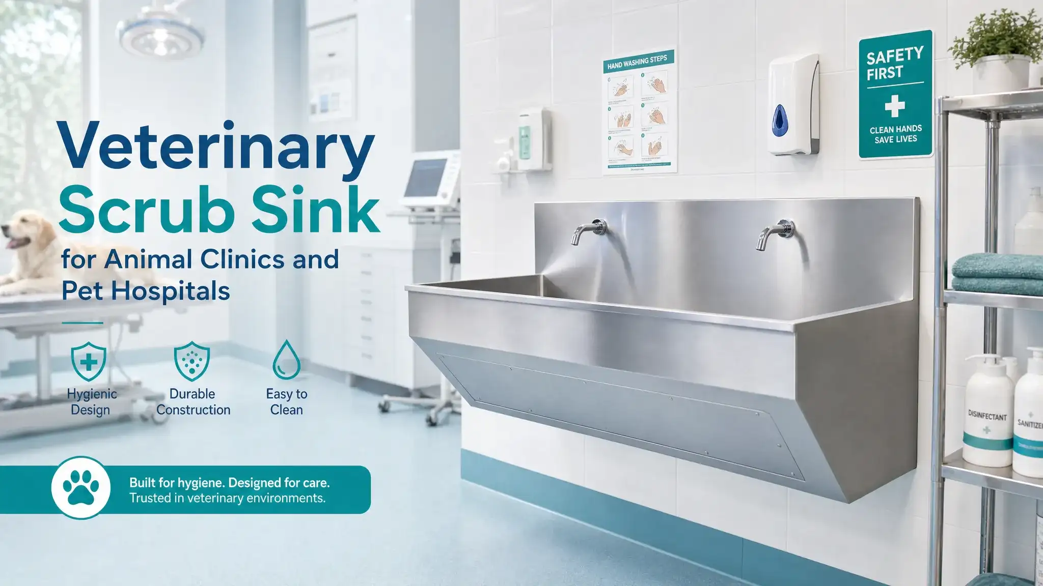 Stainless steel double-station veterinary scrub sink for animal clinics, featuring a hands-free design for sterile surgery prep