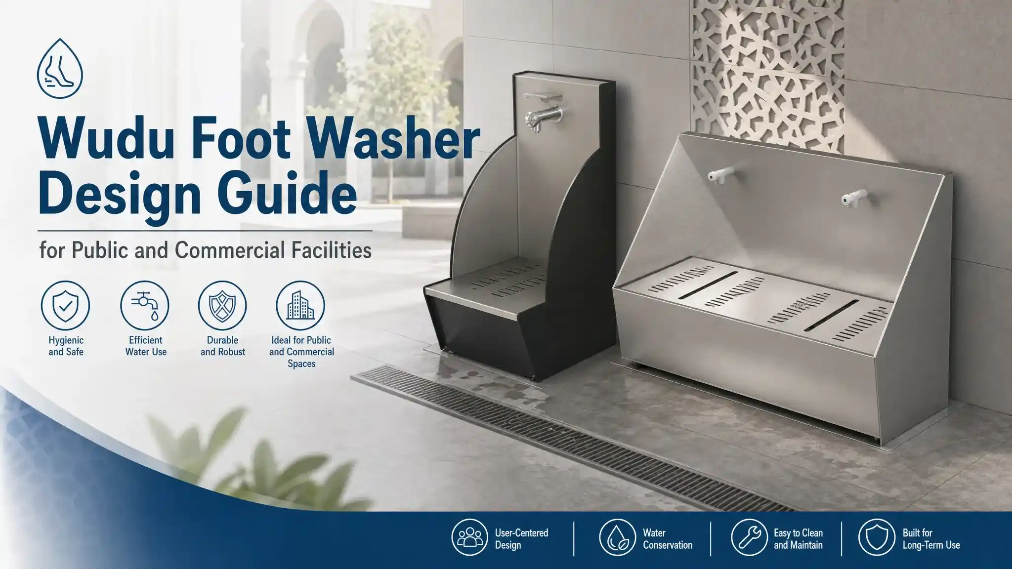 Wudu foot washer design guide cover with stainless steel ablution sink for public and commercial facilities