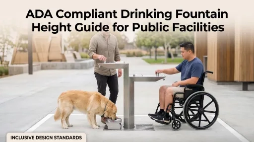 ADA compliant drinking fountain height guide for public facilities featuring wheelchair accessible stainless steel models