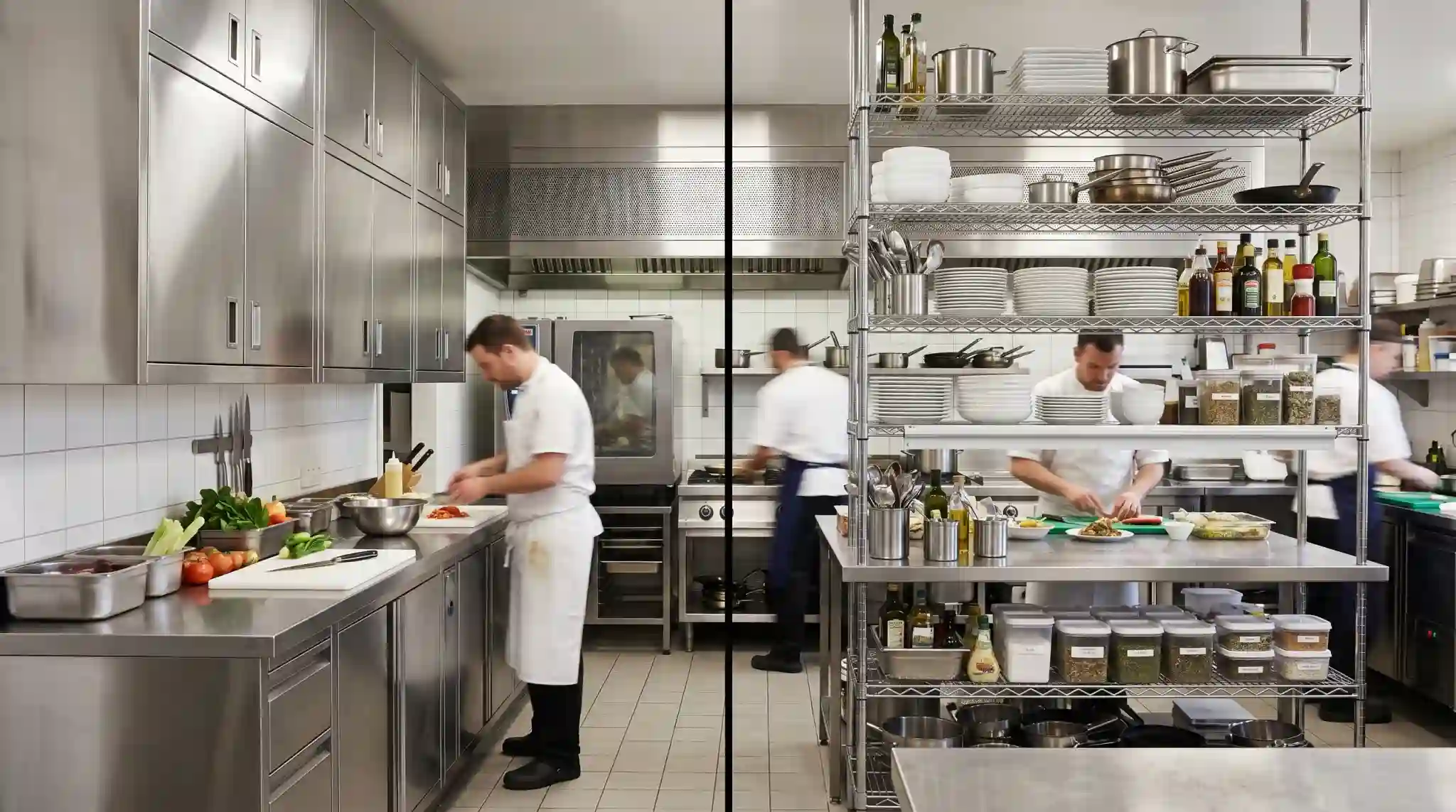 Stainless kitchen cupboards and open shelving units in a professional commercial kitchen workspace for efficient storage