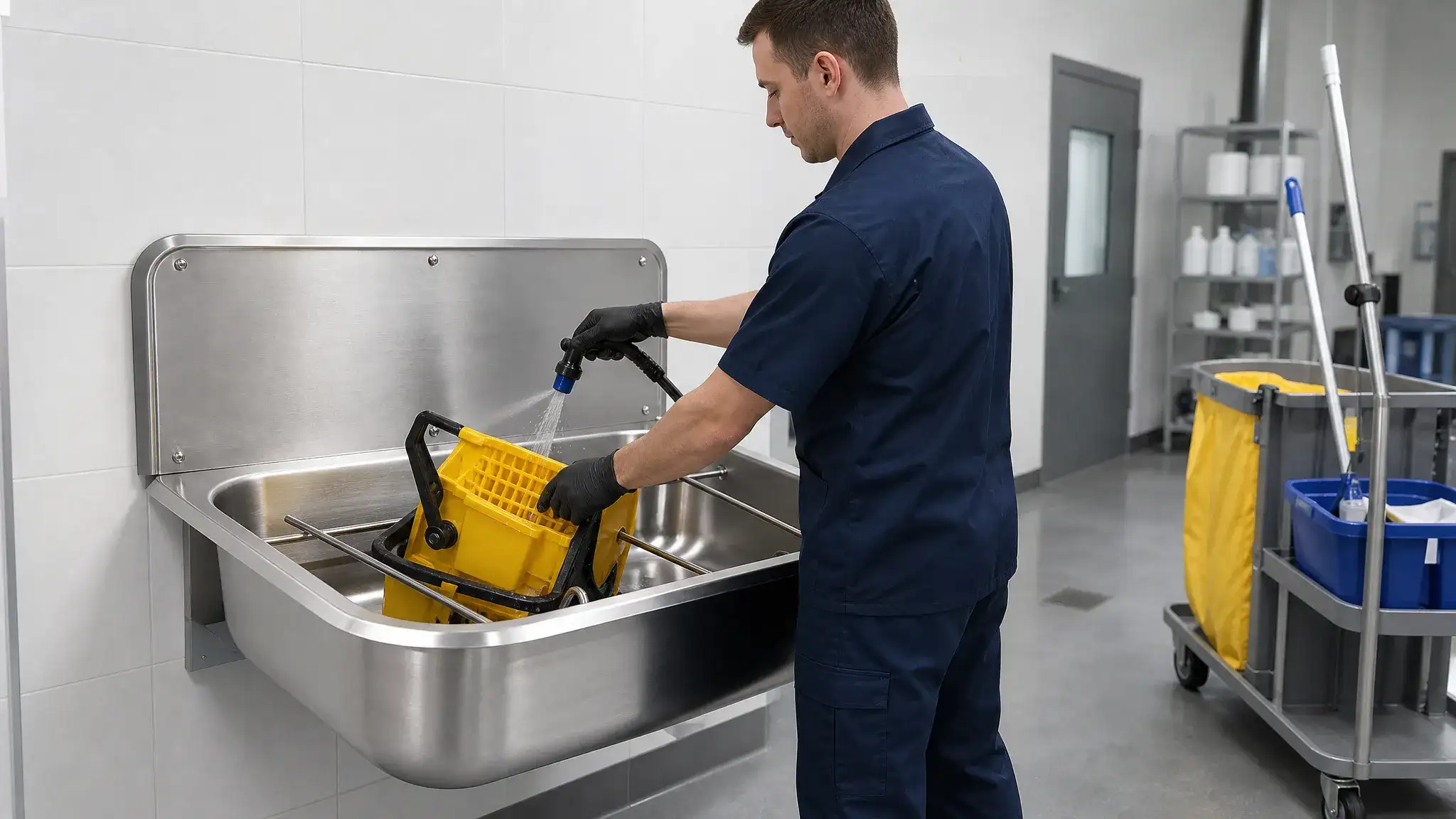 Staff using a wall-mounted stainless steel mop basin sink for industrial cleaning and commercial facility maintenance