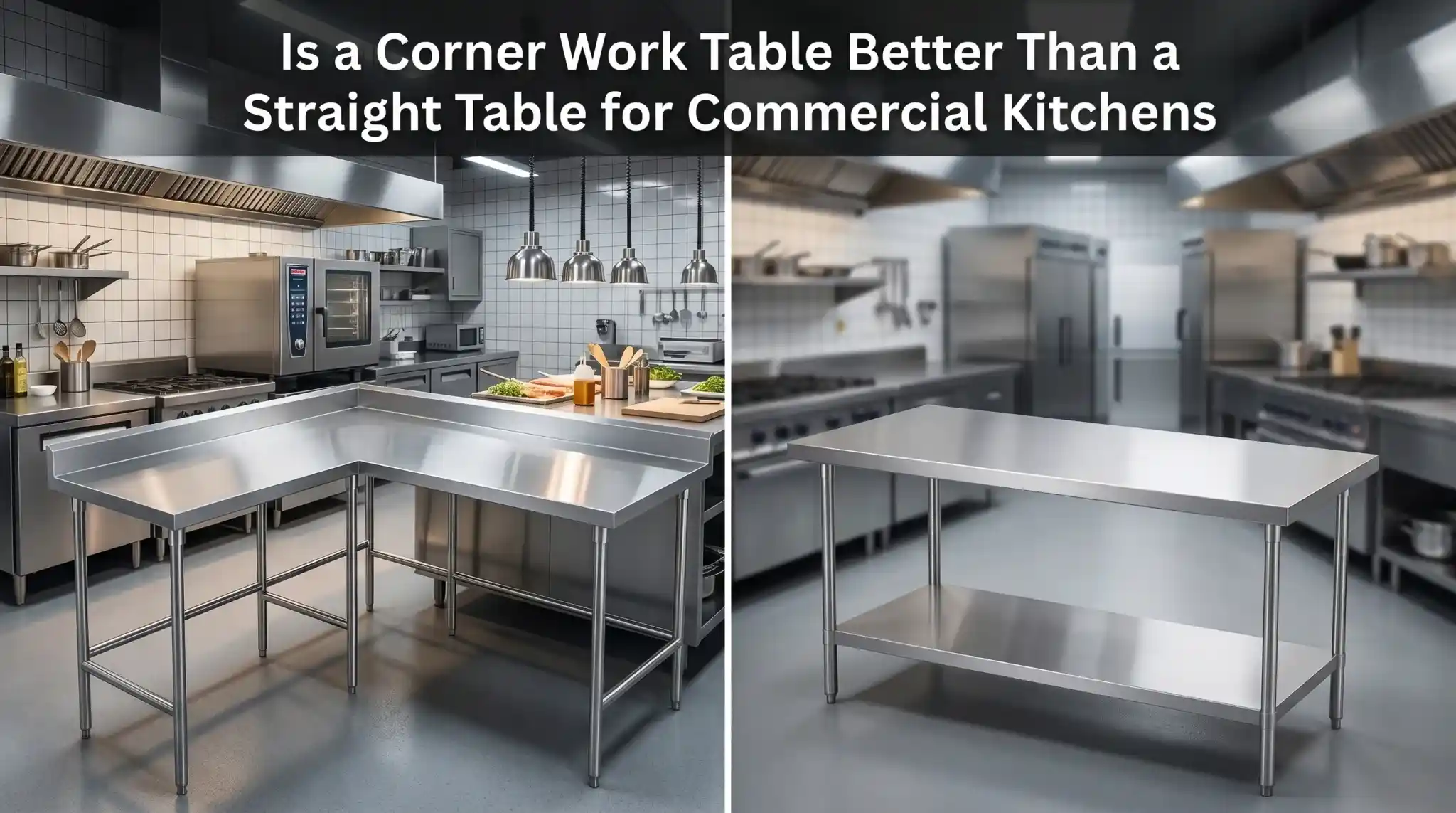 L-shape corner work table vs straight stainless steel prep table in a commercial kitchen layout