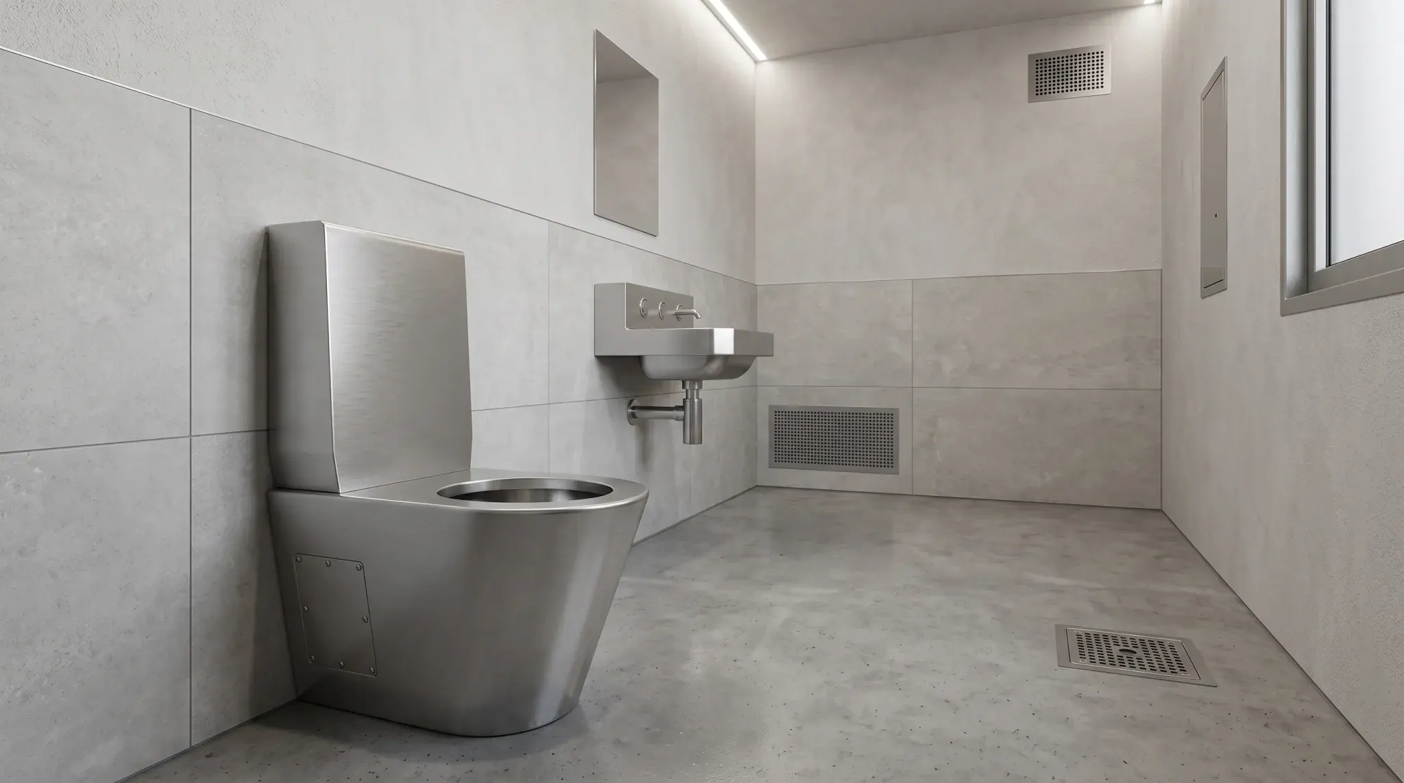 Stainless steel correctional plumbing fixtures including a vandal-resistant prison toilet and sink combo for secure facilities