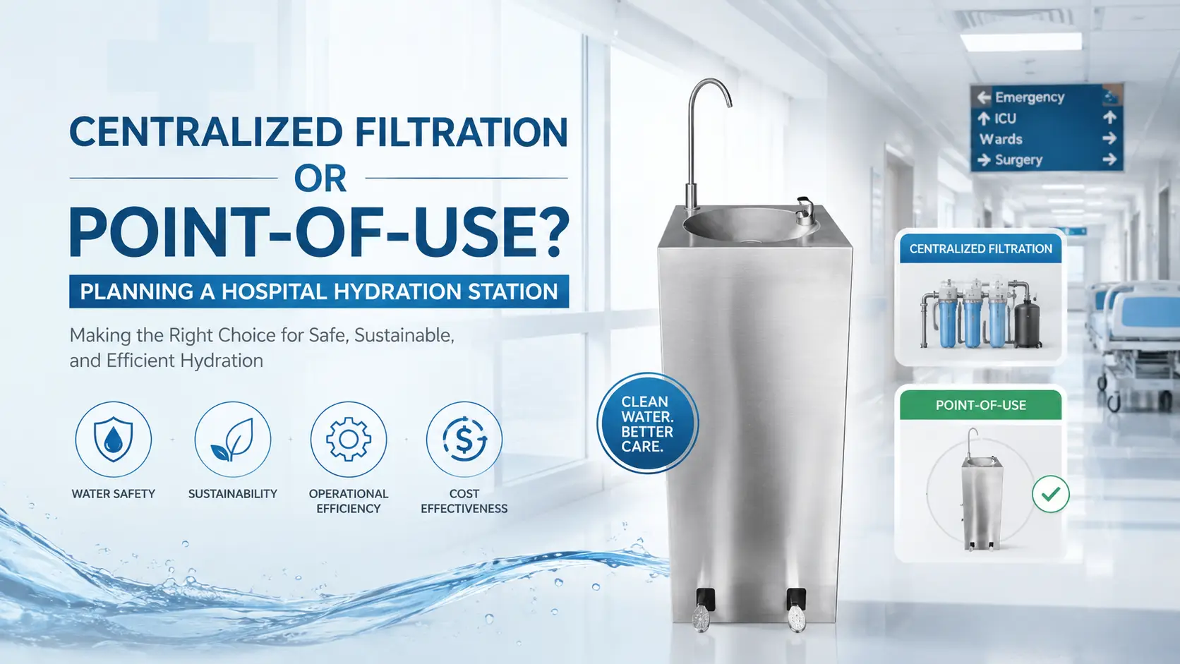 Stainless steel hospital hydration station with centralized and point-of-use filtration options for healthcare water safety