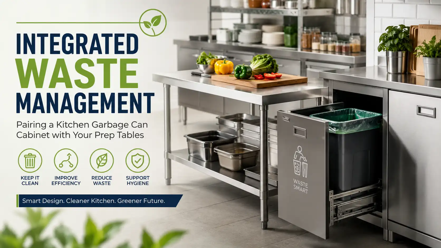 Integrated waste management setup: a durable stainless steel kitchen garbage can cabinet under a commercial prep table