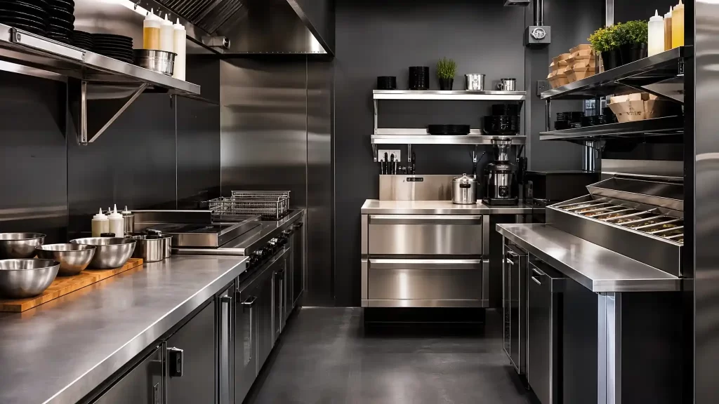 Customized stainless steel kitchen table workstations optimizing workflow in a small footprint ghost kitchen