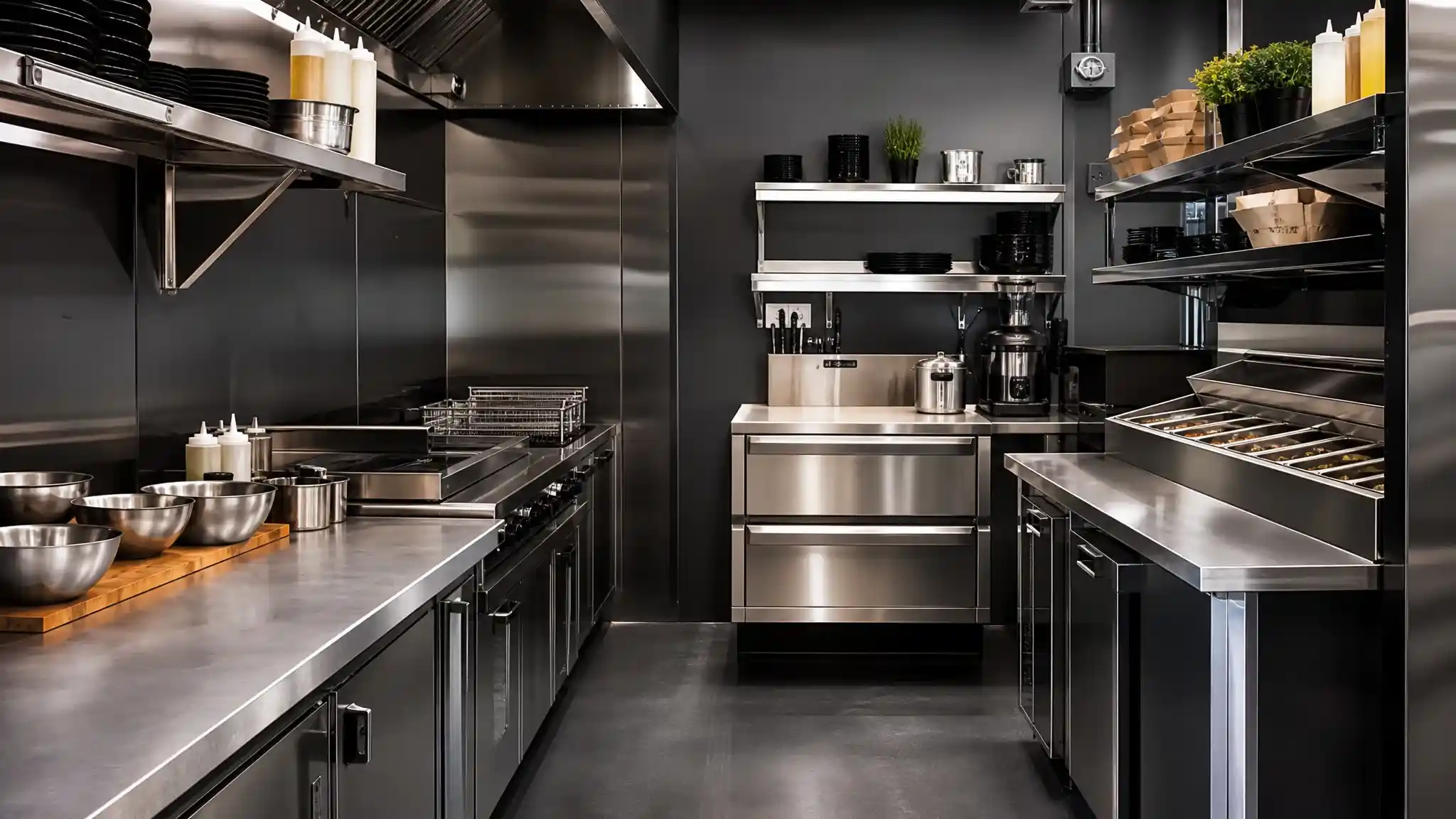 Customized stainless steel kitchen table workstations optimizing workflow in a small footprint ghost kitchen